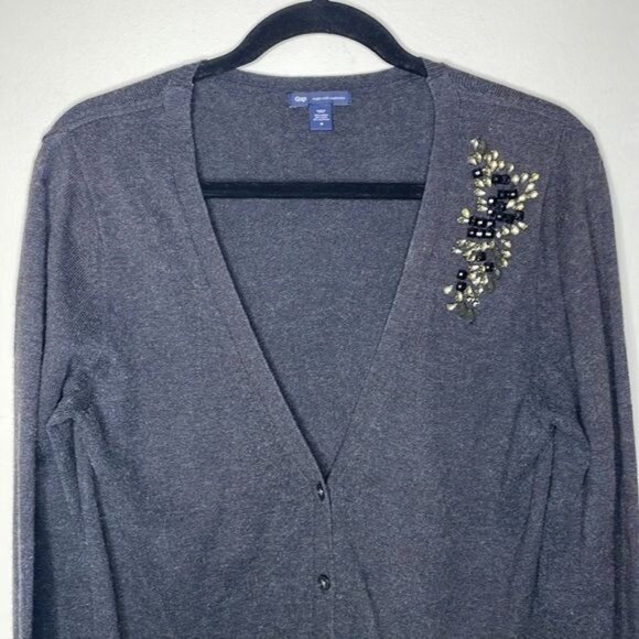 Gap Size S Charcoal Gray Cashmere Blend Embellished Rhinestone Brooch Cardigan - Picture 3 of 10